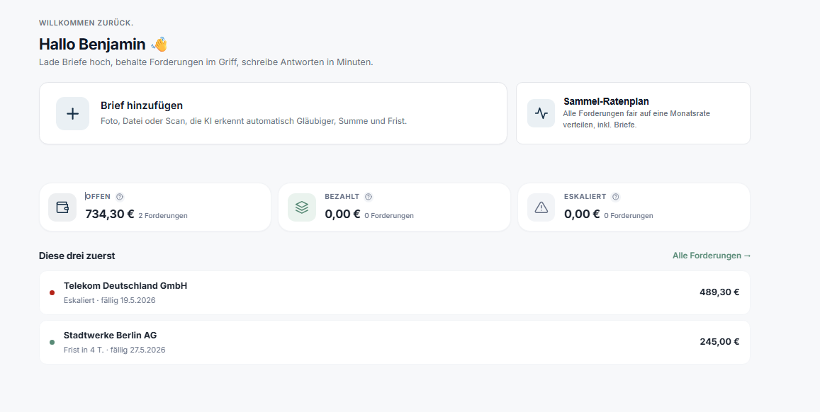 FinoraQ Dashboard mit Überblick über offene Forderungen und Fristen