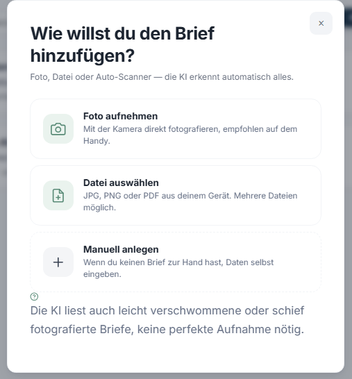 Auswahl der Upload-Methode: Foto, Datei oder Scanner