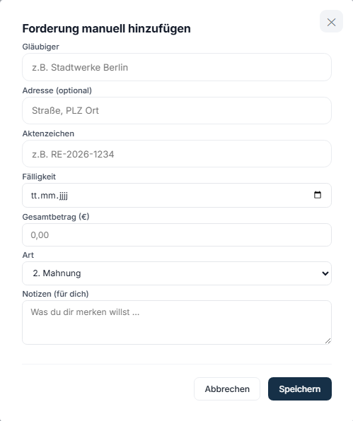 Formular zum manuellen Anlegen einer Forderung