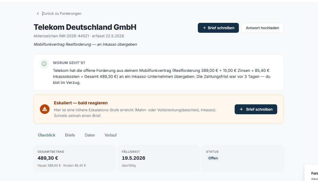 Detailansicht einer Forderung mit Empfehlungen