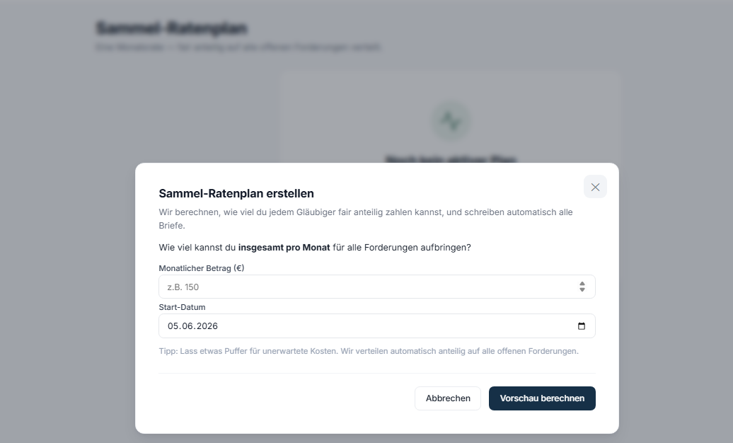 Sammel-Ratenplan mit anteiliger Verteilung auf Gläubiger