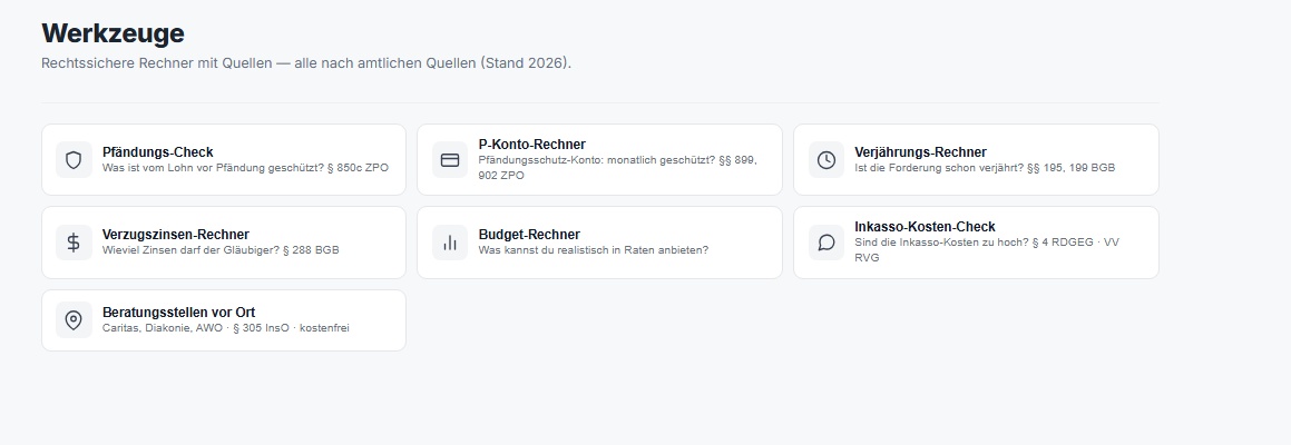 Werkzeuge: Pfändungs-Check und Zins-Rechner